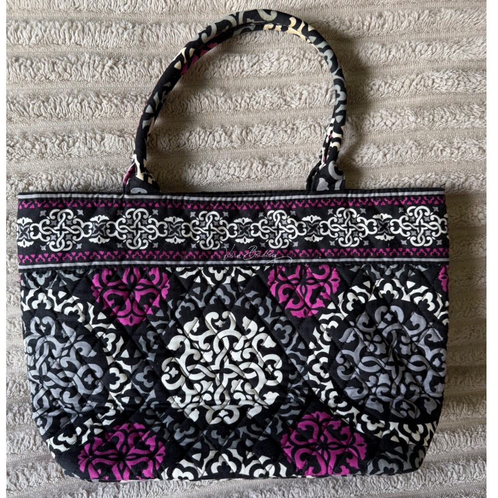 Vera‎ Bradley Plum Crazy Quilted Cotton Tote Bag Purple Black Medallion Shoulder